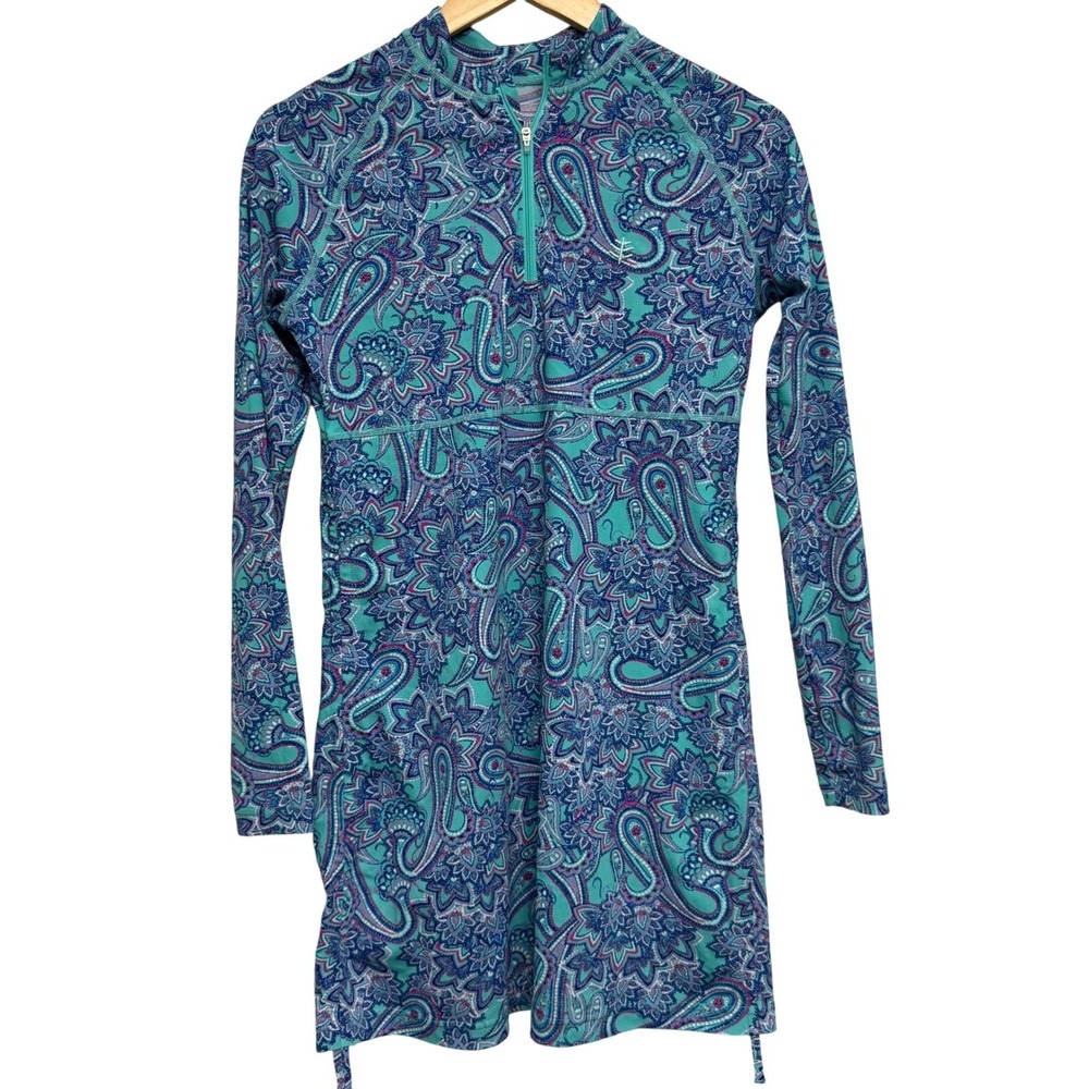 Coolibar Womens Dress Small Long Sleeved UPF 50+ Green Blue Paisley Swim 1/4 Zip